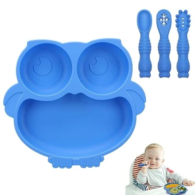 Abbildung von Alyvisun Eule Kinderteller Unterteilt mit Saugnapf, Silikon Baby Teller 3 Löffel Gabel Rutschfest Geteilte Kindergeschirr Set BPA Frei Babyteller Silikonteller für Kleinkind Kinder (Blau)