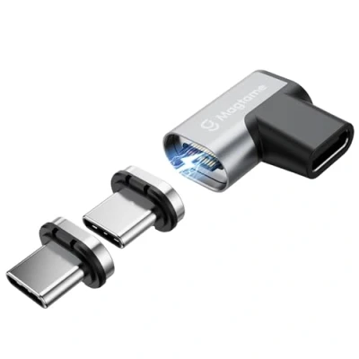 Abbildung von Magtame 240W magnetischer USB C 90 Grad Adapter, 1Pack rechtwinklige Typ Adapter mit 2 Tipps, 24Pin schnelle Ladung 40Gbps 4K 60Hz für 3/4 MacOS Pro/Air Laptop Tablet i Phone 15 16 Pro/Max