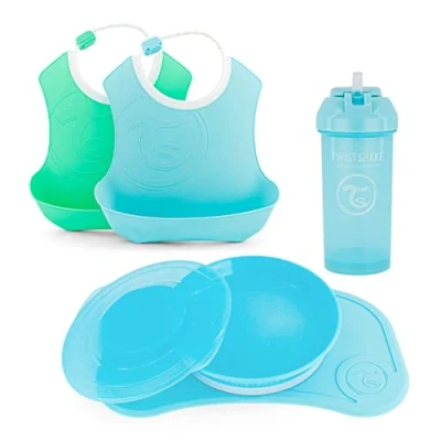Abbildung von Twistshake Babygeschirr Set 5 teilig 1x Baby Silikon Tischset Kinderteller 2X Lätzchen 1xStrohbecher Geschirrset Geschirr für die Babyentwöhnung 6+ Monate Blau