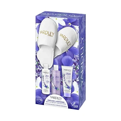 Abbildung von Yardley London Traditionelles englisches Lavendel Deluxe Badewanne, Body und Hausschuhe, Geschenk Set (4 Stück)