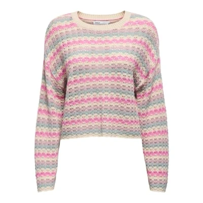 Abbildung von ONLY Onlasa Short O NECK Strickpullover, Damen, Größe: Medium, Birch/gray mist/violet ice/fuchsia pink
