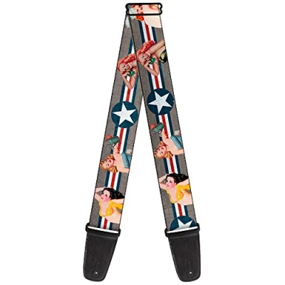 Abbildung von Buckle Down Gitarrengurt Pin Up Girl Posen Close Star Stripes Grau Blau Weiß Rot 2 Zoll breit GS W34253