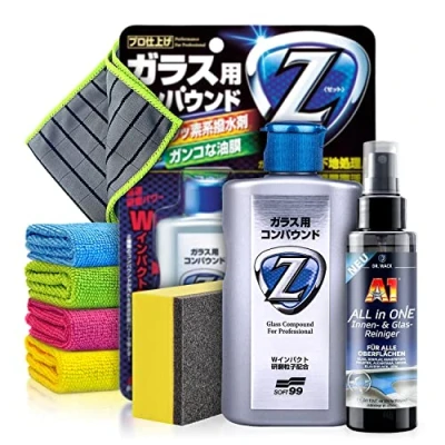 Abbildung von Auto Glaspolitur Set: Soft99 Glass Compound Z (100ml) + Glasreiniger Scheibenpolitur Glaspolitur, Glas Versiegelung, Autoscheiben Regenabweiser 6 tlg.