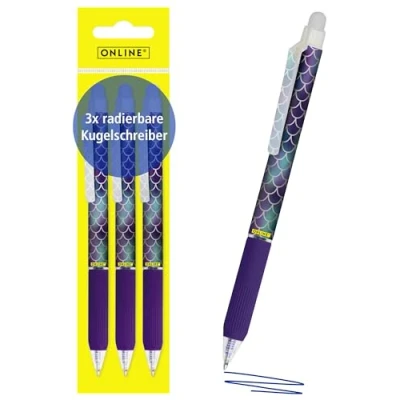 Abbildung von Online magiXX, 3x Radierstift Shiny Dreams I Gelschreiber blau radierbar mit 0,7mm Strichstärke Tintenroller zum Schreibenlernen, Büro Erasable Pen Set Radierbarer Kugelschreiber Schüler
