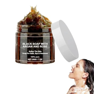Abbildung von Marokko Schwarze Seife mit Arganöl und Rose,Morocco Black Soap, Afrikanische Seife,Hergestellt aus Natürlichen Inhaltsstoffen,Schwarze Körper Peeling Seife,Schwarzer Duschgel (1PC)