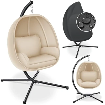Abbildung von KESSER® Luxe Hängesessel mit Gestell + weiches Sitzkissen und Wettercover, Seitenpolsterung, Rückenkissen Hängekorb Indoor &amp; Outdoor, Garten Schaukel Hängestuhl Stabiler Standfuß, max. 150 kg Beige