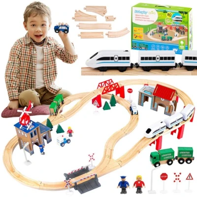 Abbildung von Green Series Spielzeugeisenbahn Set Holzeisenbahn für Kinder Eisenbahn Holz, Spielzeug Zug