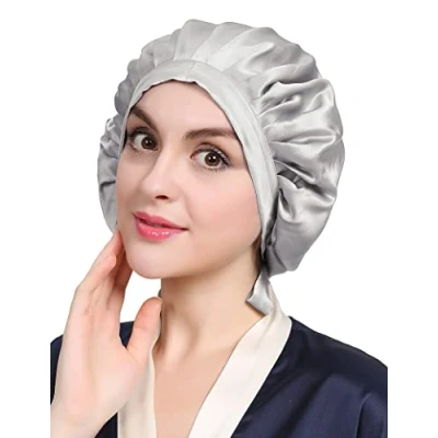 Abbildung von LilySilk 100% Maulbeerseide Schlafmütze rutschfest verstellbar und atmungsaktiver Kopfbedeckung Seidenhaube zum Schlafen Nachtmütze mit elastischem Band für alle Haartypen,Silbergrau
