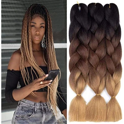 Abbildung von FanYu 3packs Ombre Braiding Hair Extensions Kanekalon Jumbo 24 Zoll Synthetic For Crochet Twist (Schwarz Dunkelbraun Hellbraun)