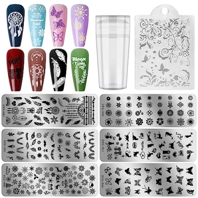 Abbildung von Ebanku 6 Pcs Nagelstempel Set Maniküre Stempel Schablonen, Nail Art Stamping Plates Platten Santa Snowflakes Rentier Strumpf Weihnachtsbaum Muster Bild für DIY Salon