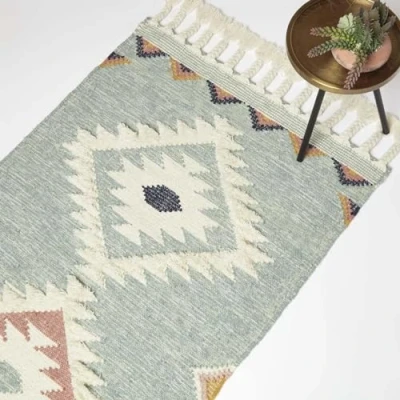 Abbildung von Homescapes Tenali Kelim Teppich geometrisch Mehrfarbig blau 160x230 cm, handgewebter Teppich, Fransen Wolle