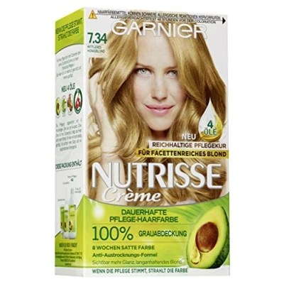 Abbildung von Garnier Creme Coloration, Färbung für Haare, permanente Haarfarbe, mit 3 nährenden Ölen, Nutrisse, 7.34 Mittleres Honigblond, x 1 Stück
