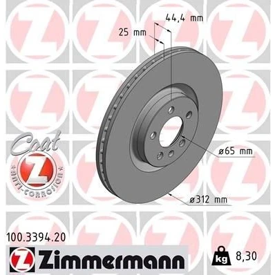 Abbildung von ZIMMERMANN 100.3394.20 Bremsscheibe 312 25 6/5 5 100 innenbelüftet beschichtet hochgekohlt AUDI: A1 Sportback