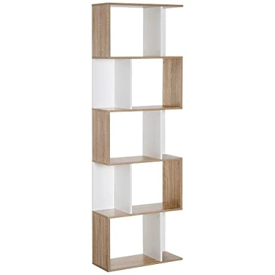 Abbildung von HOMCOM Bücherregal S förmig Ausstellungsregal Standregal Büroregal 5 stöckiger moderner Raumteiler Spanplatte Weiß 60 x 24 184,5 cm