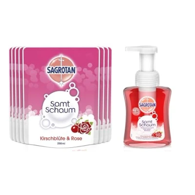 Abbildung von Sagrotan Samt Schaum Nachfüller Kirschblüte &amp; Rose 9 x 250 ml Schaumseife im praktischen Vorteilspack mit 1 Gerät inkl.