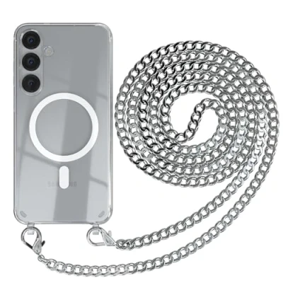 Abbildung von EAZY CASE Handykette kompatibel mit Galaxy S25 Plus Kette zum Umhängen Stoßfest Handyhülle für Silikon Hülle Band aus Metall Transparent als Fallschutz in Silber