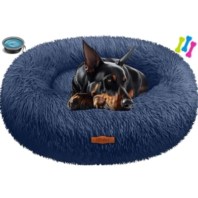 Abbildung von Lovpet® Hundebett Hundekissen Katzenbett Bagel, Waschbar, Inkl. Napf + 3X Kauknochen, Hundesofa flauschig Kissen Rund aus Plüsch für Kleine, Mittelgroße &amp; Große Hunde, Katzen [4XL, Ø 120cm Navyblau]