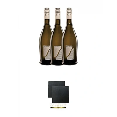 Abbildung von Sacchetto Silber Veneto IGT Vino Frizzante 3 x 0,75 Liter + Schiefer Glasuntersetzer eckig ca. 9,5 cm Ø 2 Stück