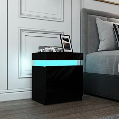 Abbildung von Komtopod Schwarz Nachttisch Moderner LED Licht Nachtschrank Hochglanzfront Nachttische Beistelltisch mit 2 Schubladen Flip Cover für Schlafzimmer