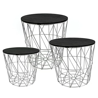 Abbildung von Spetebo Metall Beistelltisch mit Stauraum Silber/Schwarze Platten 3er Set Wohnzimmer Tisch Abnehmbarer Holz Platte Metallkorb Sofatisch Couchtisch