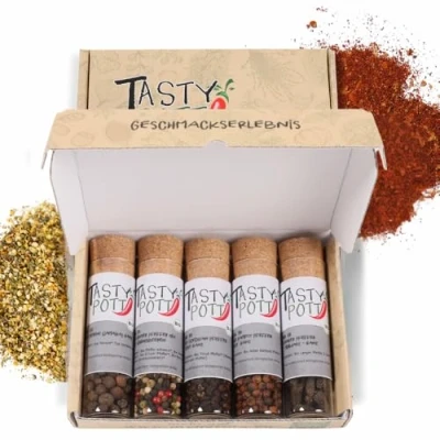 Abbildung von Tasty Pott Dank Box I Gewürz Set Geschenk Idee für Familie und Freunde Würzig Spices fertig Gewürzmischungen im Glas (Pfeffer Set, Vielen Dank!)