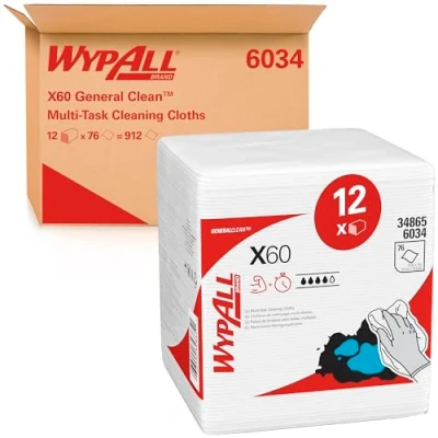 Abbildung von WypAll X60 General Clean viertelgefaltete Reinigungstücher 6034 wiederverwendbare Tücher 12 Packungen x 76 weiße (insges. 912)