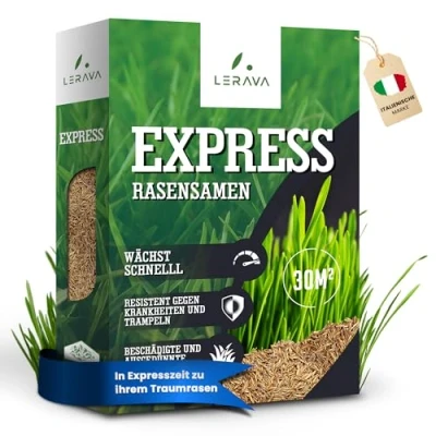 Abbildung von LERAVA® EXPRESS Rasensamen schnellkeimend frühjahr Premium Samen für Trockenrasen &amp; Schattenrasen nachsaat lückenlosen Rasen Grassamen Rasensaat turbo 30m²