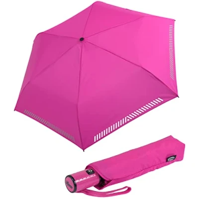 Abbildung von iX brella Taschenregenschirm Kinderschirm mit Auf Zu Automatik, reflektierend, Sicherheit durch Reflex Streifen neon pink