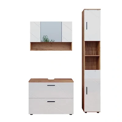 Abbildung von Vicco Badmöbel Set Irma, Eiche/Weiß Hochglanz, 3 Teile, mit Spiegelschrank 80 cm, (3 St., er Set)