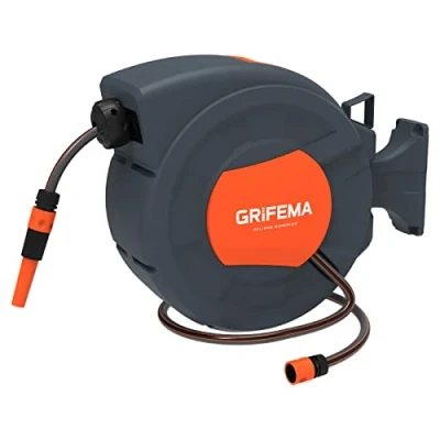 Abbildung von GRIFEMA G301 25, Schlauchtrommel zur Wandmontage, Schlauchbox mit 25m Schlauch, Wandschlauch Aufroller 180 Drehung, Automatische Aufrollung verstellbarer Düse