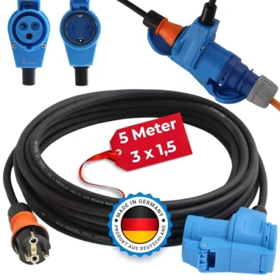 Abbildung von netbote24® Adapterkabel Schutzkontakt Gummistecker IP44 auf CEE Winkelkupplung mit integrierter Schutzkontaktsteckdose 16A H07RN F 3G 1,5mm² (5m)