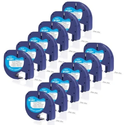 Abbildung von DOREE 91221/S0721660/91201 kunststoff Etikettenband,12 mm x 4 m, Schwarz auf Weiß,Hochgradig wasserfestes Letratag band, kompatibel mit Dymo LT 100H, 100T, XR, 200B.(12er Pack)