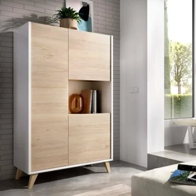 Abbildung von Dmora Boario, Hochschrank für Wohnzimmer, modernes Sideboard mit 3 Türen, 81 x 43 135 cm, Technisches Holz, Eiche und Weiß