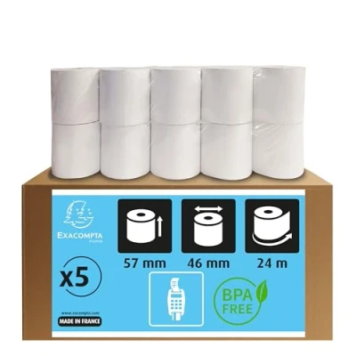 Abbildung von Exacompta 40905DE 5er Pack Thermorollen für EC Cash Geräte, 1 lagig, Breite: 57mm, Länge 24m, Durchmesser Kern: 12mm SEPA Lastschrifttext auf der Rückseite(deutsch) 55g/m² extra BPA frei