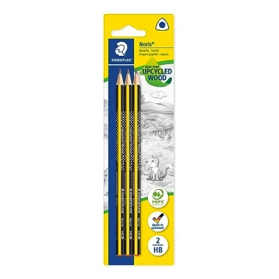 Abbildung von STAEDTLER Bleistift Noris (hohe Bruchfestigkeit, ergonomische Dreikantform, rutschfeste Soft Oberfläche, Wopex Material, Härtegrad HB, Köcherpackung, 183 HBBK3)