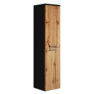 Abbildung von Badezimmer Badschrank Saturnus 130cm Schwarz mit Eiche Regal Schrank Hochschrank Möbel