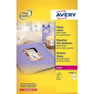 Abbildung von Avery Italia L7790 25 Etiketten, glänzend, rund, 12 Etiketten pro Blatt, Durchmesser 60, 60 mm