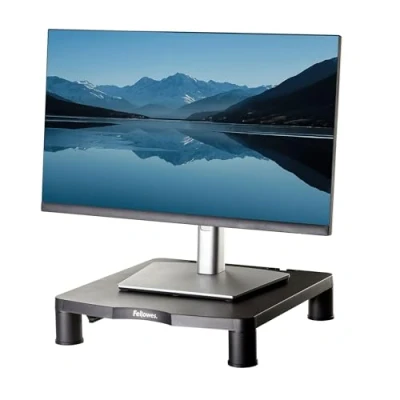 Abbildung von Fellowes Everyday Monitorständer mit 3 einstellbaren Höhen ergonomischer Monitor Riser für Computer, Laptop, iMac, PC, Notebook Kabelmanagement stabil bis 27 kg Schwarz platzsparend
