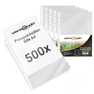 Abbildung von versando 500x A4 Prospekthüllen Economy mit Heftrand Klarsichthüllen genarbt transparent 45my (5x100 Stück)