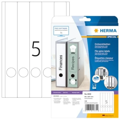 Abbildung von HERMA 4830 Ordnerrücken Etiketten lang schmal, 25 Blatt, 38 x 297 mm, 5 pro A4 Bogen, 125 Stück, selbstklebend, bedruckbar blickdicht Inkjet Ordneretiketten Rückenschilder Spezialpapier Aufkleber weiß