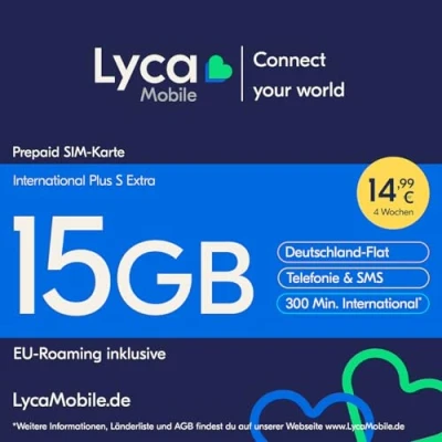 Abbildung von Lyca Mobile International Plus S extra Prepaid Smartphone SIM Karte ohne Vertrag inkl. 15 GB Datenvolumen