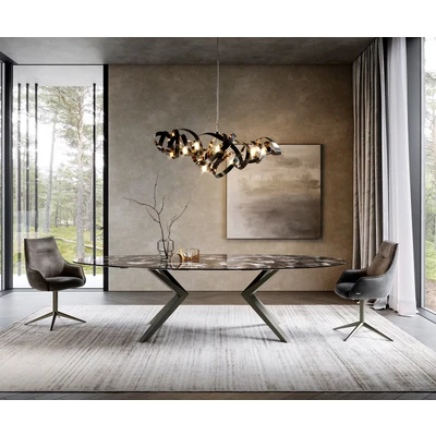 Abbildung von Esstisch Edge Oval 280x130 Keramik Iris FMG Agatablack Zenthara kantig Metall Effektfinish Titan