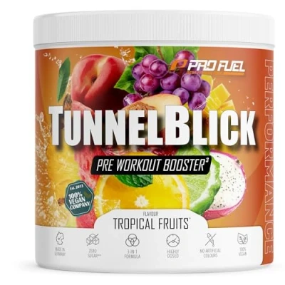 Abbildung von Pre Workout Booster3 TROPICAL FRUITS 440g unglaublich lecker TUNNELBLICK Trainingsbooster3 mit Citrullin, Arginin, Taurin, Koffein, Guarana und Magnesium optimal hochdosiert 100% vegan