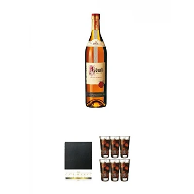 Abbildung von Asbach Uralt klassischer deutscher Weinbrand 1,0 Liter + Schiefer Glasuntersetzer eckig ca. 9,5 cm Durchmesser Cola Gläser 6er Karton