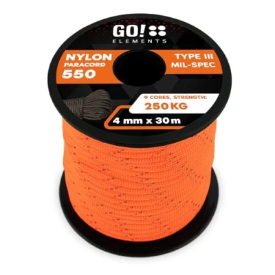 Abbildung von GO!elements 30m Paracord Seil aus reißfester Nylonschnur 4mm 550 Typ III Schnur geeignet als Allzweckseil &amp; Reepschnur Max. 250kg, Farbe: Orange Reflektierenden
