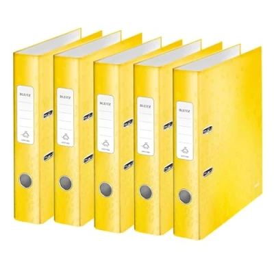 Abbildung von Leitz Qualitäts Ordner 180, 5er Pack, A4, schmal, 5,2 cm Rückenbreite, laminierte Graupappe, Gelb, WOW Serie, 10064016