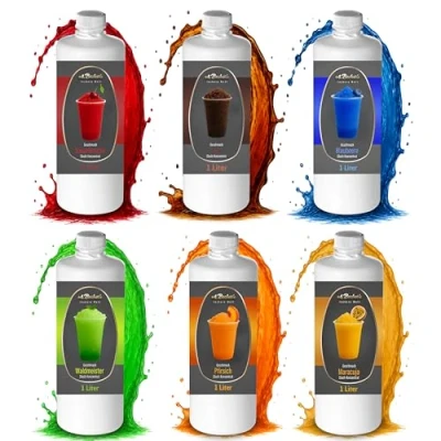 Abbildung von A. Becker&#039;s Slush Eis Sirup Ohne Azofarbstoffe 6x 1L Kirsche, Cola, Blaubeere, Waldmeister, Pfirsich, Maracuja Konzentrat ergibt 6L Getränkesirup für Maschine und Mixer