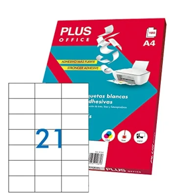 Abbildung von Plus Office Selbstklebende weiße Etiketten zum Drucken, 100 Blatt Aufkleber Papier auf A4 für Inkjet Drucker, Laser und Fotokopierer, 21 pro (70 x 42 mm)