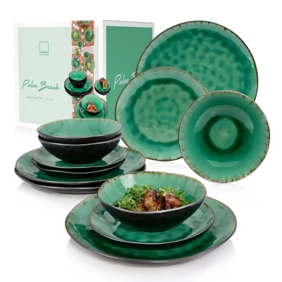Abbildung von SÄNGER Tafelservice Palm Beach Geschirrset, Grün Schwarz (12 tlg), 4 Personen, Steingut, Handmade, spülmaschinengeeignet, Premium Collection