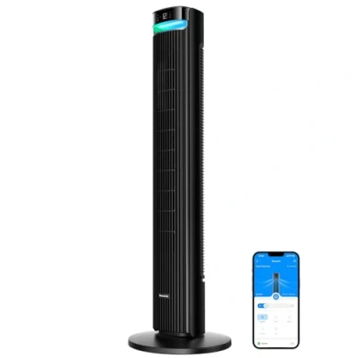 Abbildung von GoveeLife 27 dB leiser Ventilator, 12 Geschwindigkeiten bis zu 8 m/s, 5 Modi, 24 Stunden Timer, intelligenter Turmventilator mit 150 Oszillation, APP und Sprachsteuerung für Zuhause, schwarz